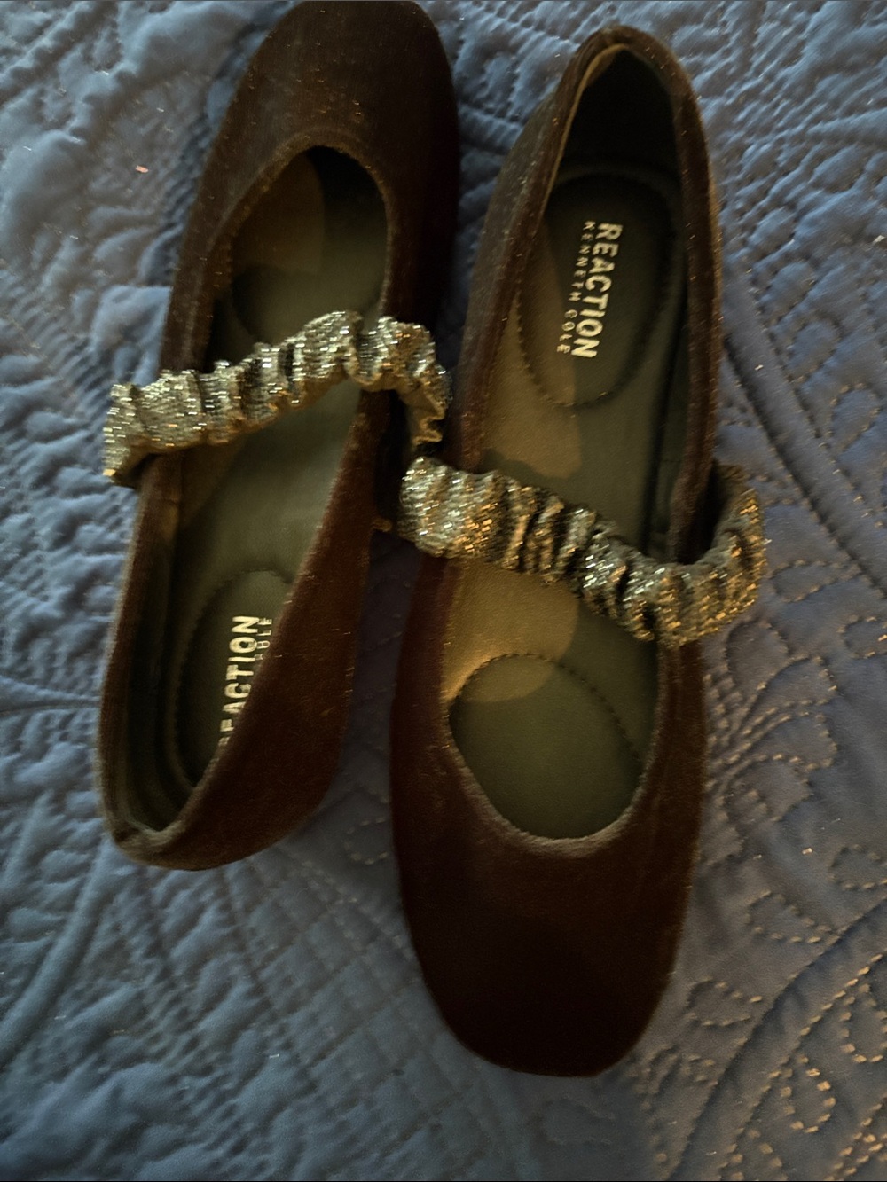 Reaction Kenneth Cole Black Velvet Flats with Metallic Ruched Strap